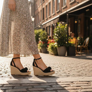 Kate Spade Tianna Suede LEATHER Bow Strap Espadrille Wedge Sandal 10 B BLACK